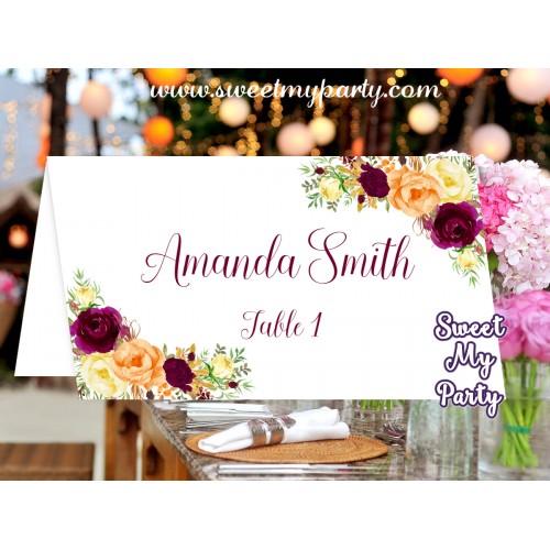Burgundy Orange Place card,Burgundy yellow escort cards, (107a)